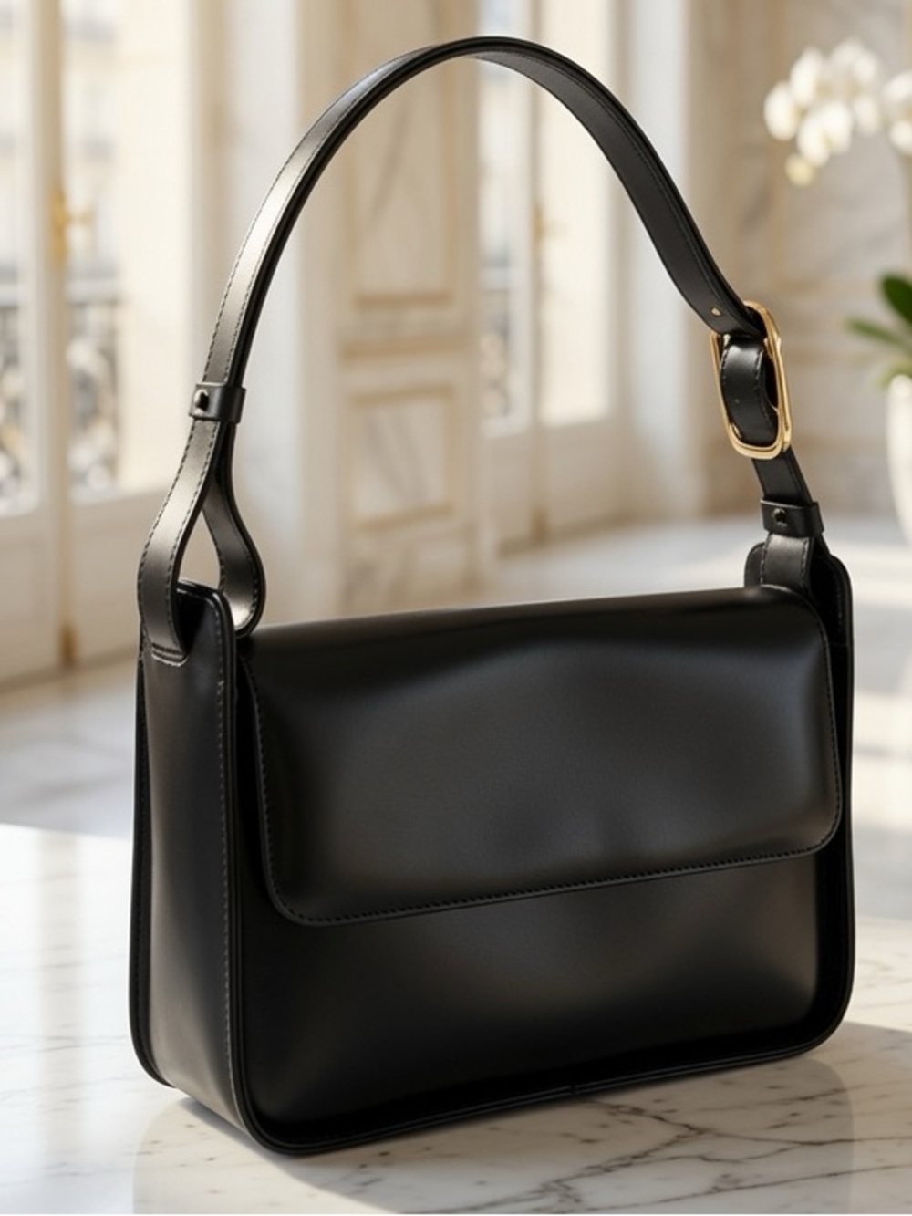 Salvatore Ferragamo Classic Black Leather Shoulder Bag with Gold Buckle